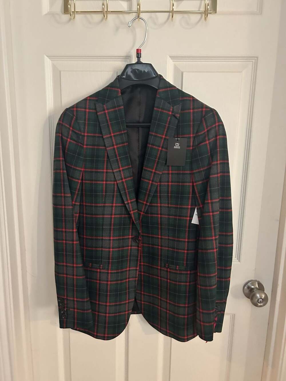 JF J.Ferrar Slim Suit Jacket Size 34/36 Reg Green Red Tartan Plaid New
